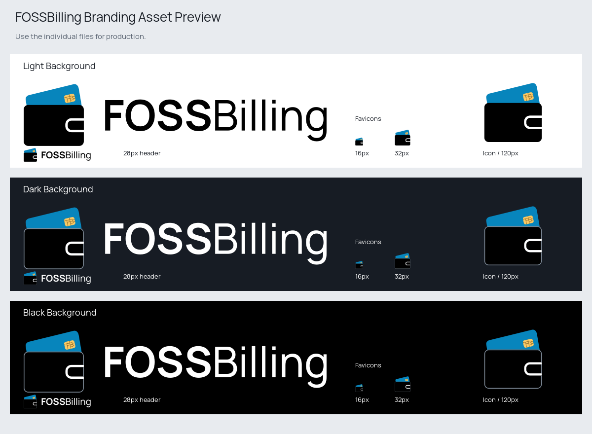 FOSSBilling logos and icons on light, dark, and black backgrounds